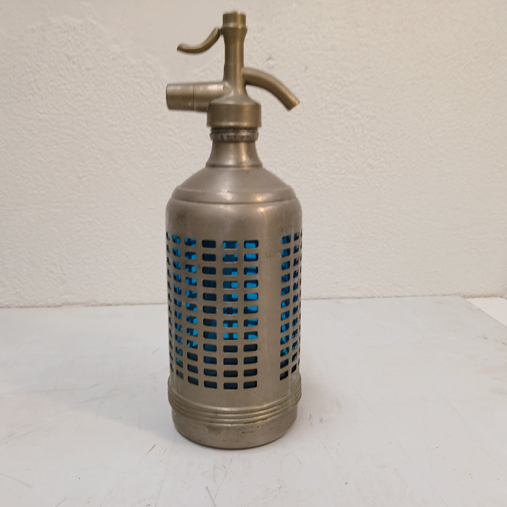 French Vintage blue bottle soda siphon in metal cage at French Originals NZ