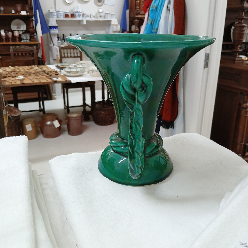 French vintage green Vallauris rope handle vase at French Originals NZ