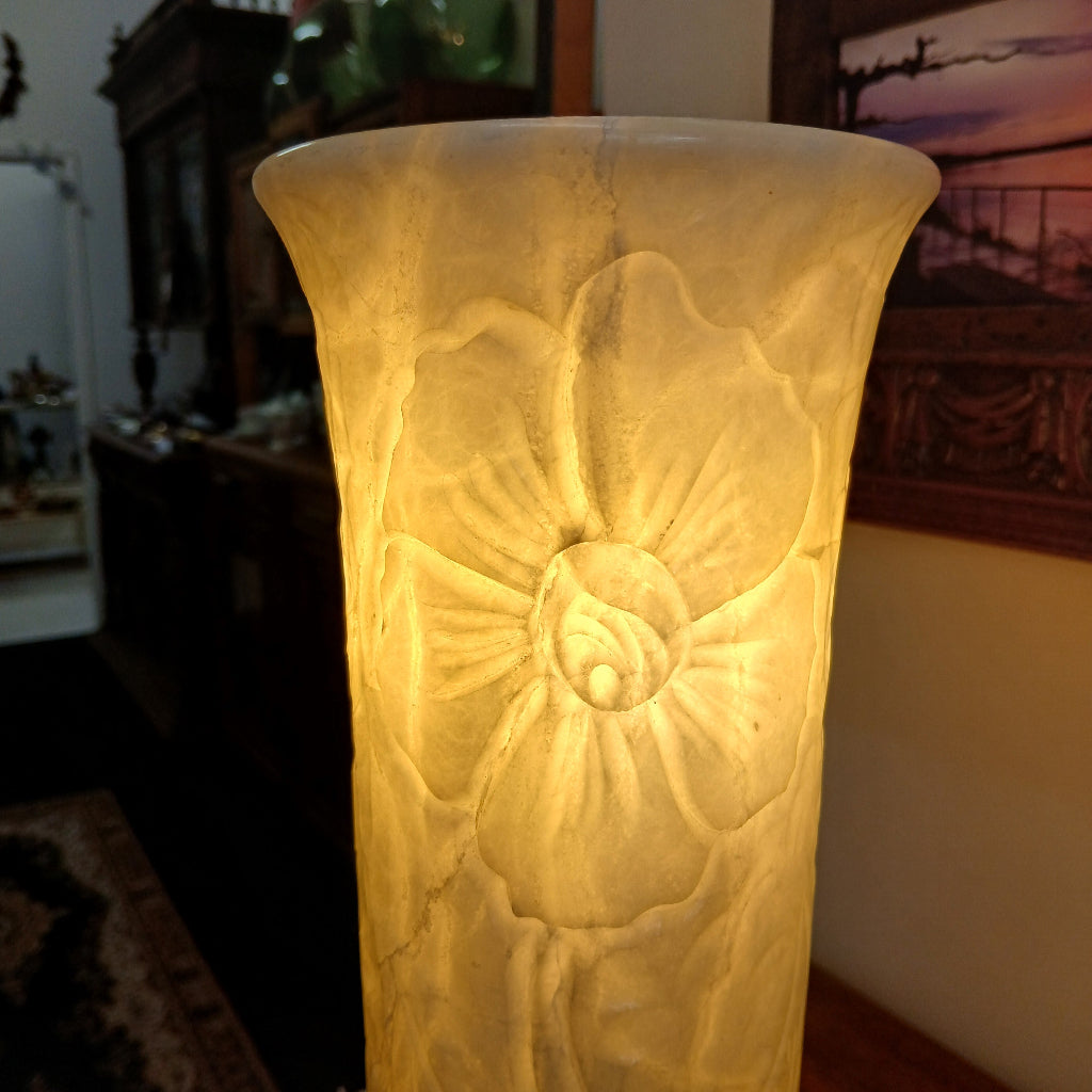 glowing alabaster flower carving on French lamp at French Originals NZ