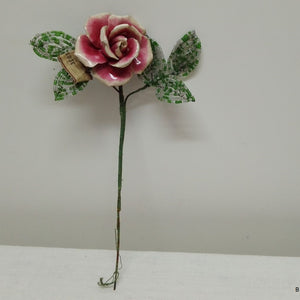 French Vintage ceramic darkpink rose with beaded leaves from French Originals NZ