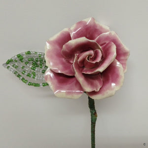 French Vintage ceramic dark pink rose with one beaded leaf flower C from French Originals NZ