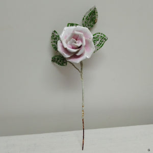 soft pink French Vintage ceramic rose on wire stem with beaded leaves from French Originals NZ