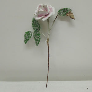 soft pink vintage French ceramic rose on wire stem with beaded leaves from French Originals NZ