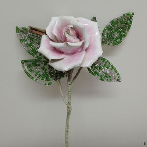 Vintage French ceramic flower pink rose with beaded green and white leaves NZ