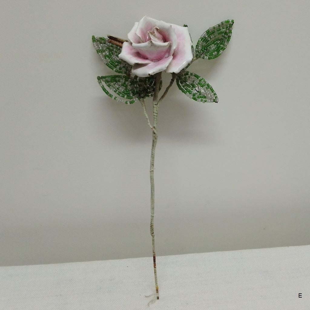 Vintage French soft pink ceramic rose with beaded leaves on wire stem from French Originals NZ